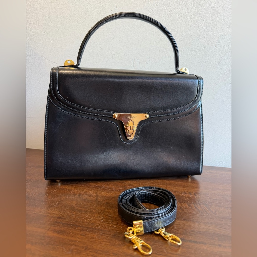 🖤EUC🖤 Black Bally Leather Top Handle Bag with Crossbody Strap